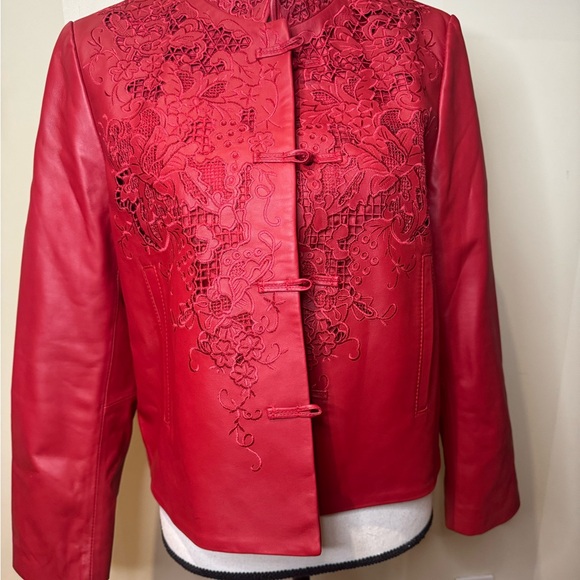 CHANEL Red Leather Jacket with Floral Embroidery Sz L - Picture 16 of 16
